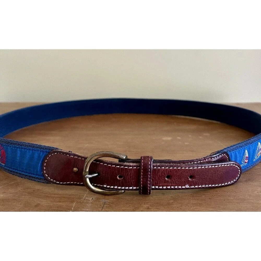 Leather Man Blue Belt Ltd. Sailboat Theme Size 42 Canvas Brass Buckle EUC